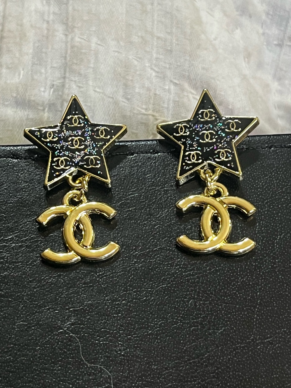 Double C Designer Sparkle Star Dangle Letter Earrings